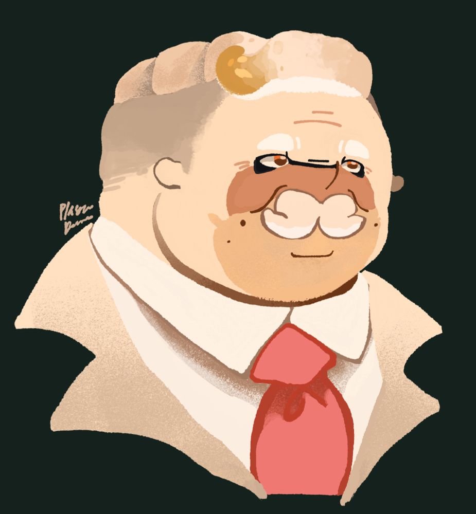 Headshot of an old mustache inkling gentleman, resembling a bit like  splatoon 2 Pearl houzuki, wearing a button up, and a white suit, he also has a pink tie on him