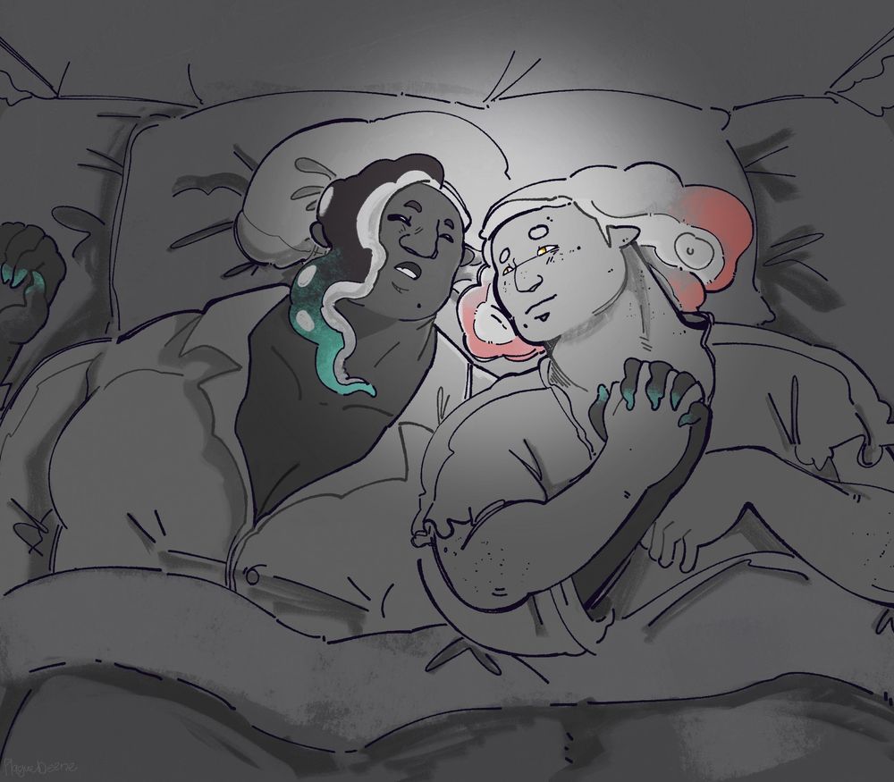 Its a redraw of Splatoon artist @shibascrem’s Pearlina comic countdown
https://bsky.app/profile/shibascrem.bsky.social/post/3lkv5hgtq6s2a

It’s a drawing of Marina Ida and Pearl Houzuki from splatoon are tucked in bed. Marina is sound asleep, where as Pearl gazes gayly at her