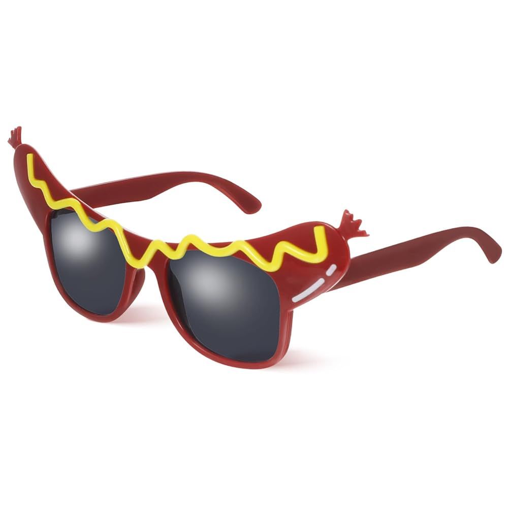 Braune Brille aus Plastik. Die Gläser sind eine Bratwurst mit Senf 