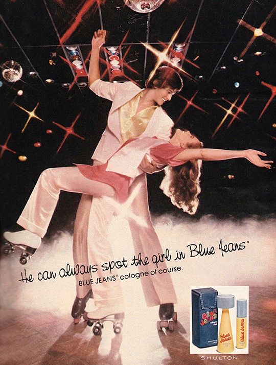A couple in pink rollerskating with the tag line “He can always spot the girl in Blue Jeans.”