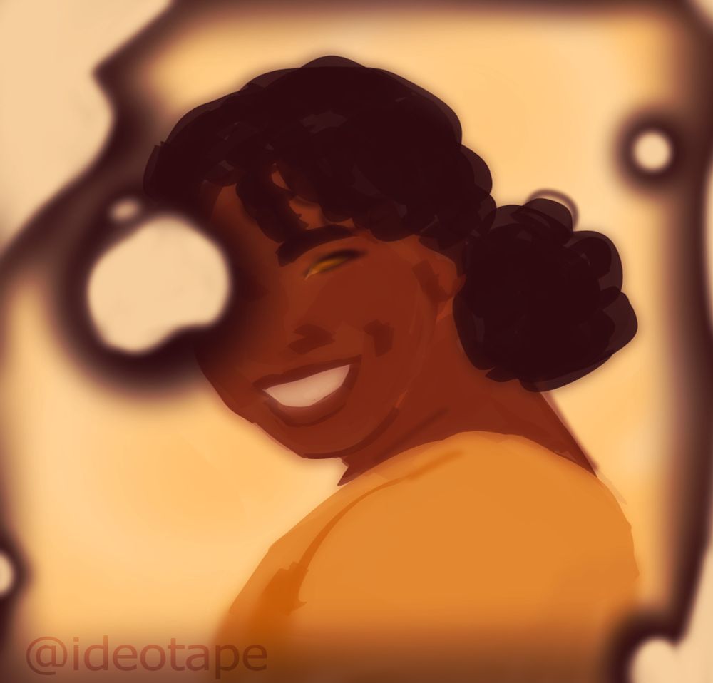 a drawing of claudia from interview with the vampire, she is smiling over her shoulder. there are marks around the edges of the drawing and over one of claudia's eyes mimicking a burnt photo.