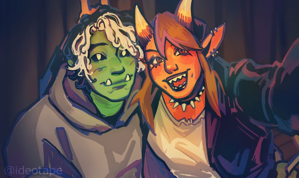 a digital illustration of fig and gorgug from dimension 20. fig has a large smile and one arm over gorgug's shoulder with her hand behind his head giving him finger horns, her other arm is raised up and out of frame as if taking a selfie. gorgug is smiling with one arm wrapped behind fig, in his hand is a drumstick.