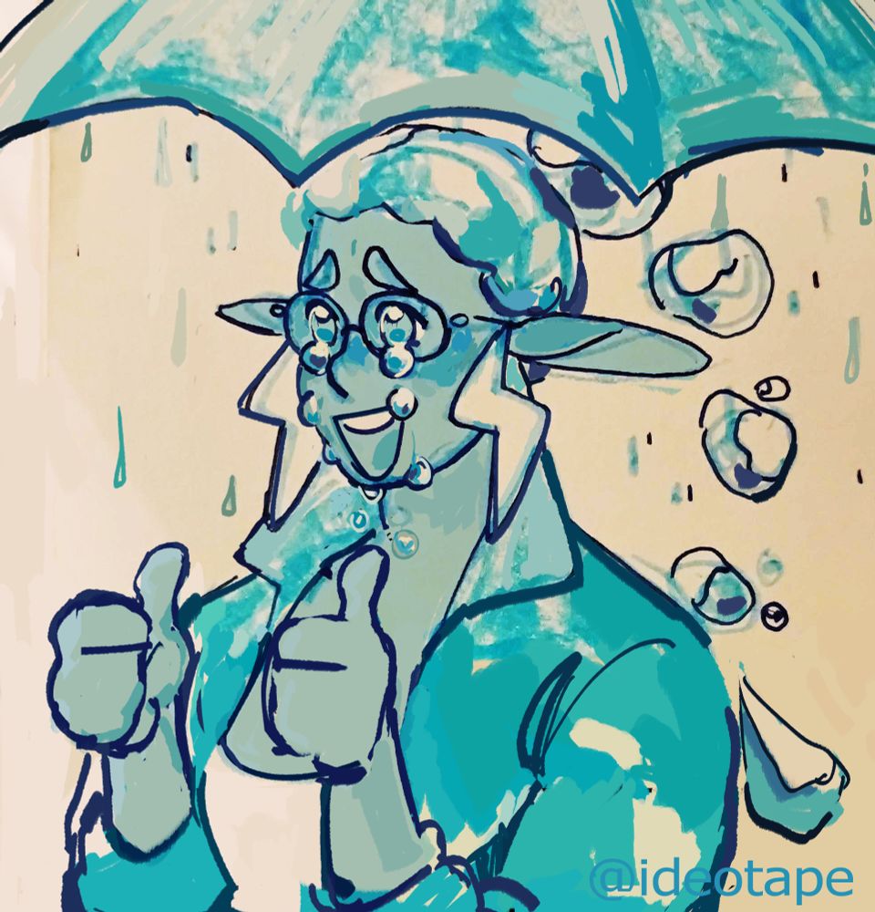 a sketch of calliope petrichor from naddpod. she is smiling while crying and giving two thumbs up.