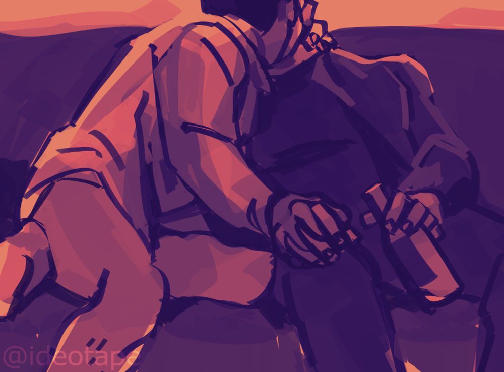 a sketch of evan buckley and eddie diaz. eddie is holding buck's hand and leaning over to kiss him obscuring their faces, buck is loosely holding a beer bottle in the hand not being held and leaning into eddie. eddie is not wearing pants.