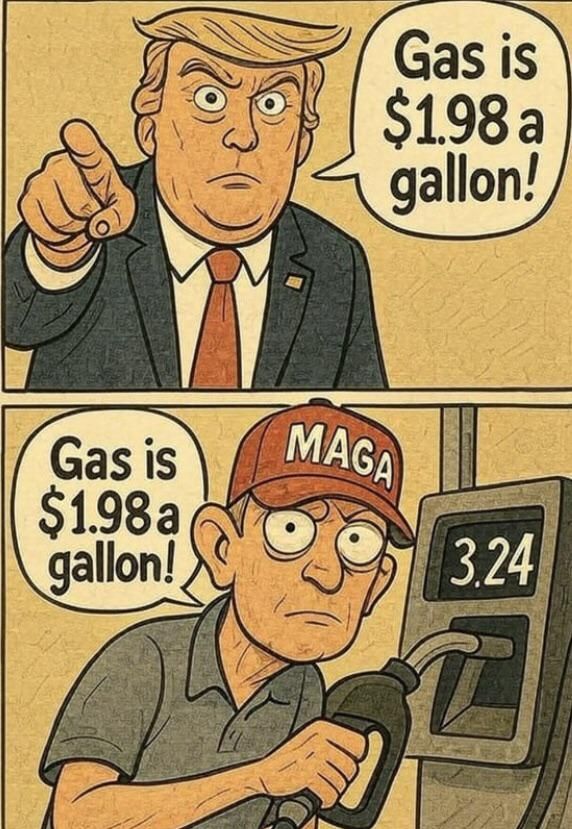 Trump is pointing while saying "Gas is $1.98 a gallon!"

Man wearing a MAGA hat at the gas pump showing $3.24 says "Gas is $1.98 a gallon!"