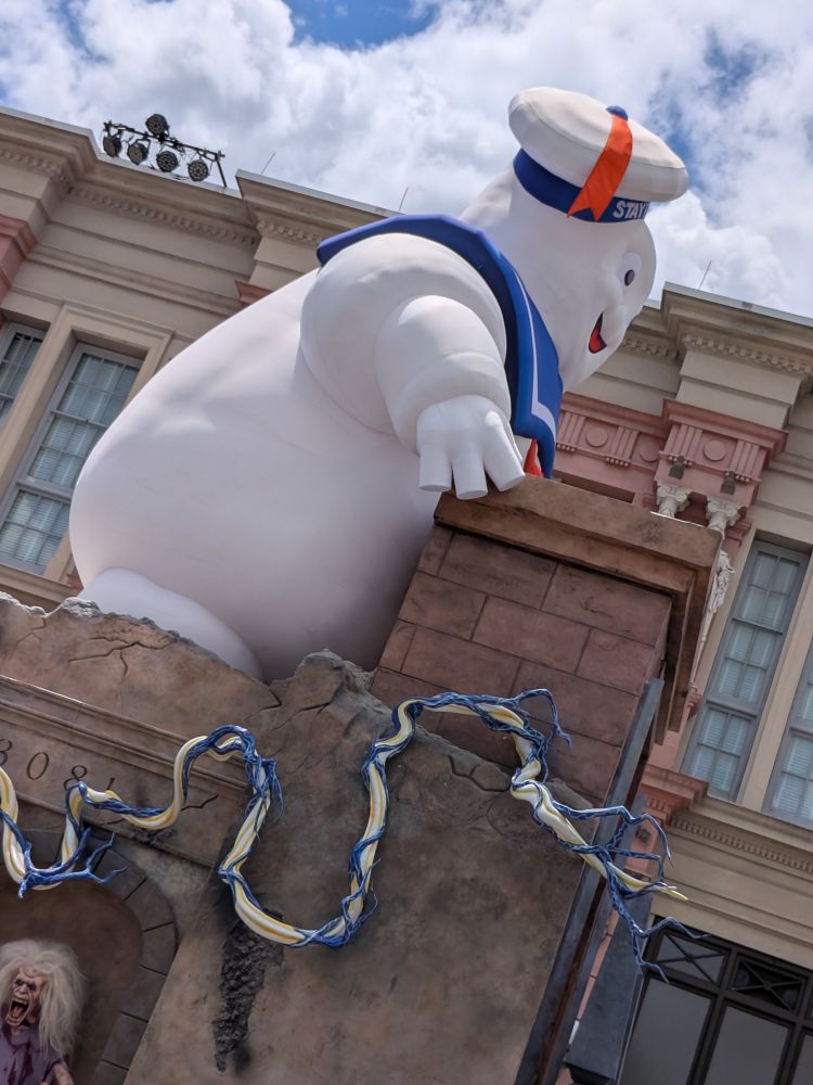 Ghostbusters, old school, with a giant marshmallow man.
