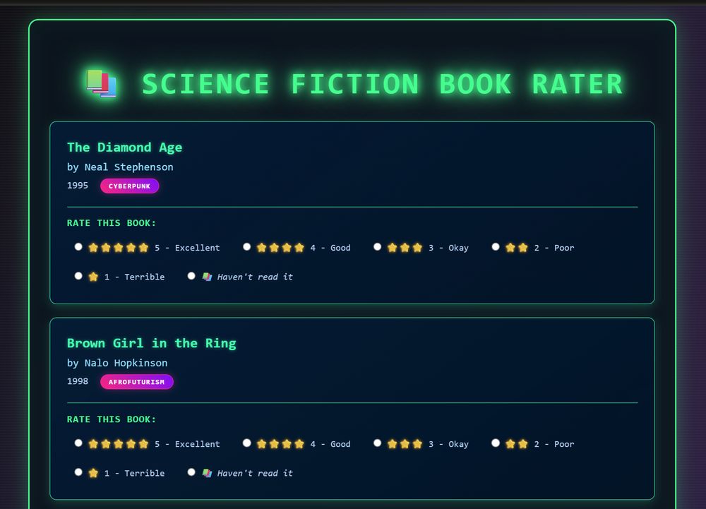 First exercise is a Buzzfeed quiz style book recommendation system, this version uses far too many star emojis for ratings and a very neon header