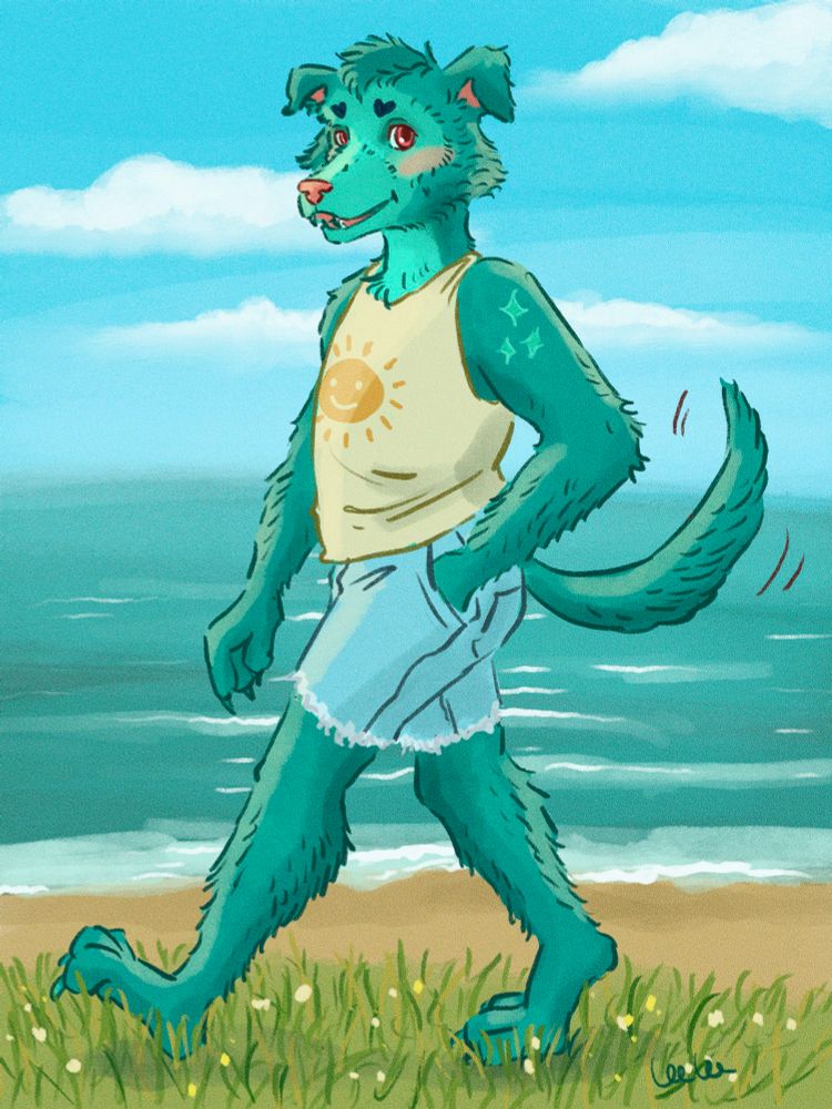 A digital illustration of a turquoise dog fursona walking along a beach. They are walking through green beach grass.