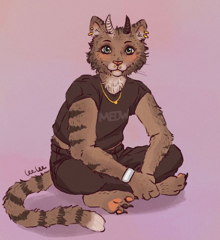 A digital illustration of a cat fursona. They are light brown with darker brown stripes and  sitting down cross legged, wearing black pants and a black shirt. The background is a light pink.