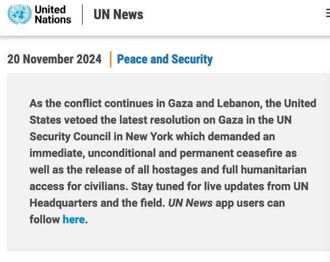 "As the conflict continues in Gaza and Lebanon, the United States vetoed the latest resolution on Gaza in the UN Security Council in New York which demanded an immediate, unconditional and permanent ceasefire as well as the release of all hostages and full humanitarian access for civilians. "