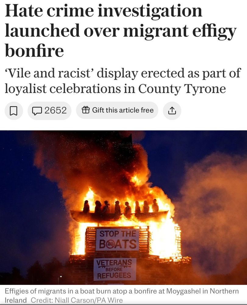 Hate crime investigation launched over migrant effigy bonfire ‹Vile and racist' display erected as part of loyalist celebrations in County Tyrone