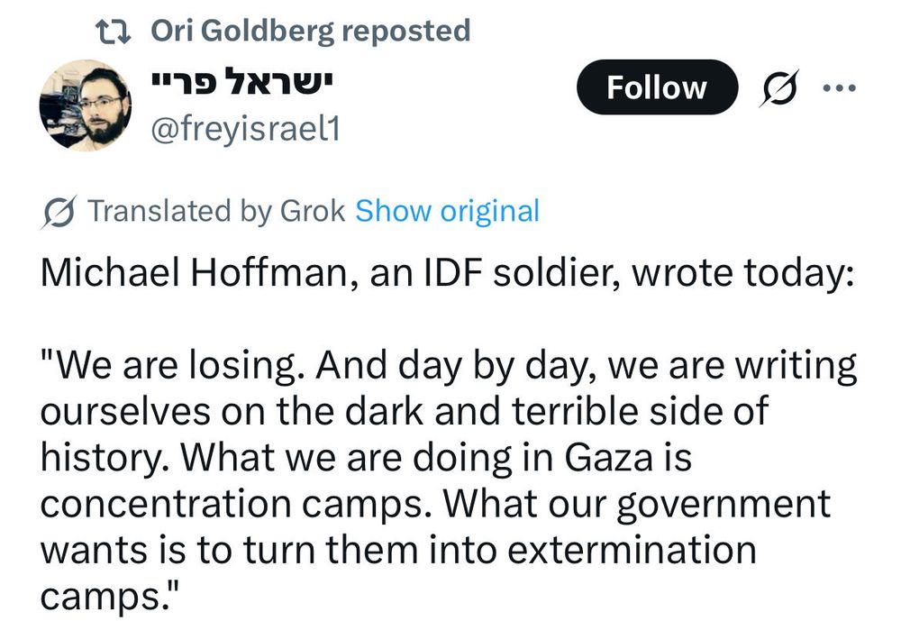 

5 Translated by Grok Show original Michael Hoffman, an IDF soldier, wrote today: "We are losing. And day by day, we are writing ourselves on the dark and terrible side of history. What we are doing in Gaza is concentration camps. What our government wants is to turn them into extermination camps."