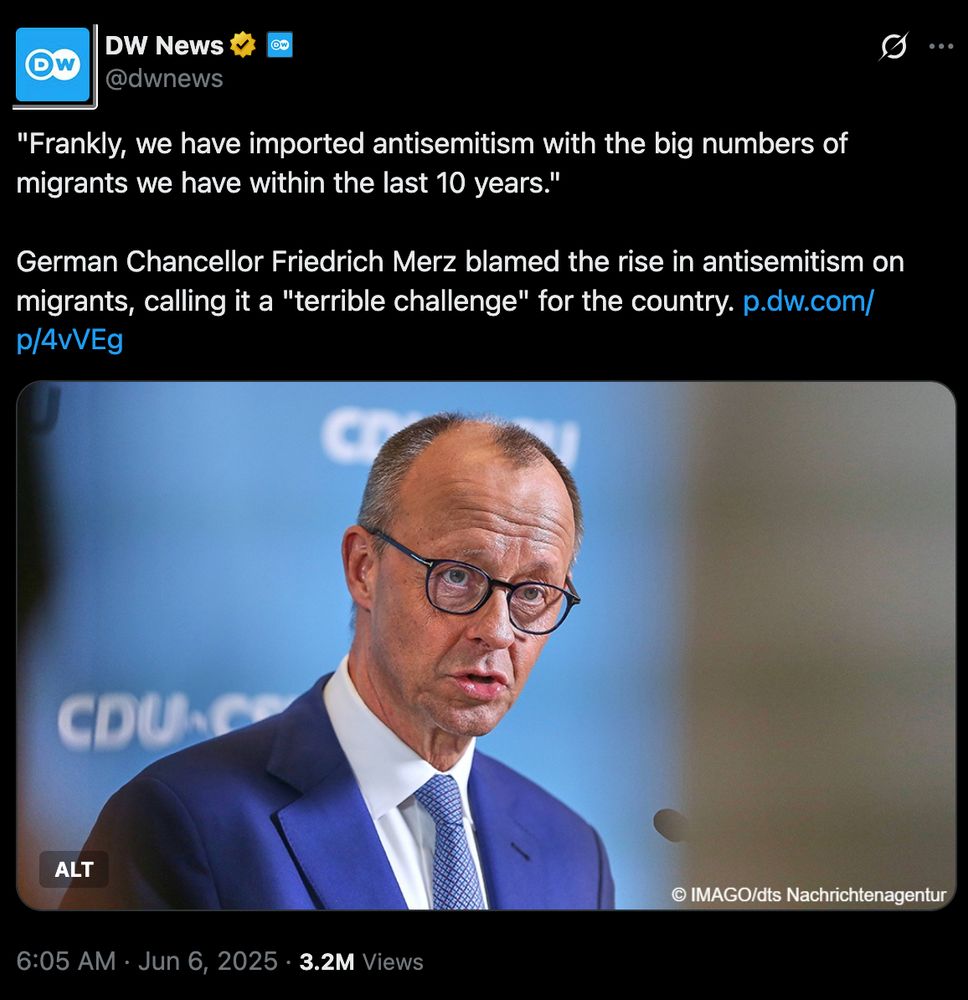 ""Frankly, we have imported antisemitism with the big numbers of migrants we have within the last 10 years."

German Chancellor Friedrich Merz blamed the rise in antisemitism on migrants, calling it a "terrible challenge" for the country."
