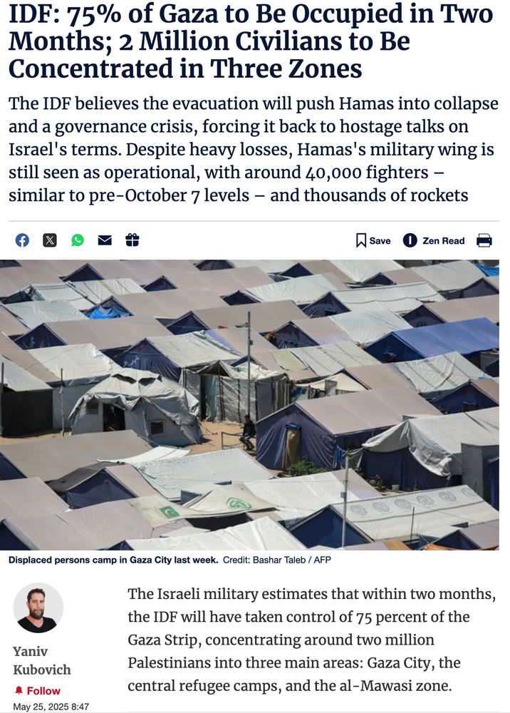 "75% of Gaza to Be Occupied in Two Months; 2 Million Civilians to Be Concentrated in Three Zones"