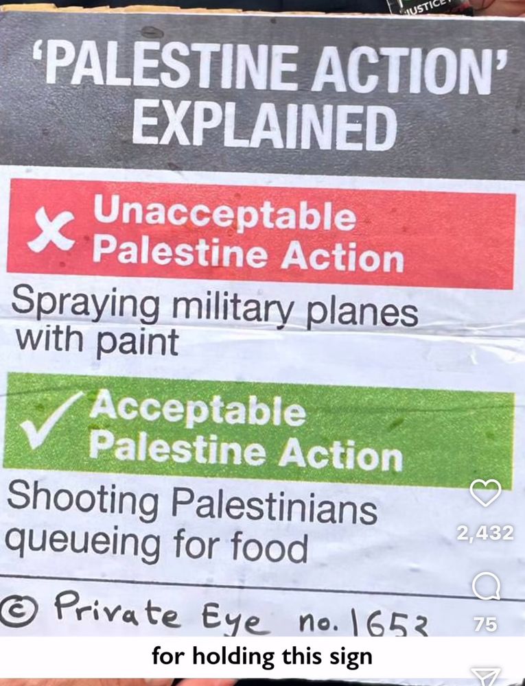 'PALESTINE ACTION'
EXPLAINED
Unacceptable
Palestine Action
Spraying military planes with paint
Acceptable
Palestine Action
Shooting Palestinians queueing for food