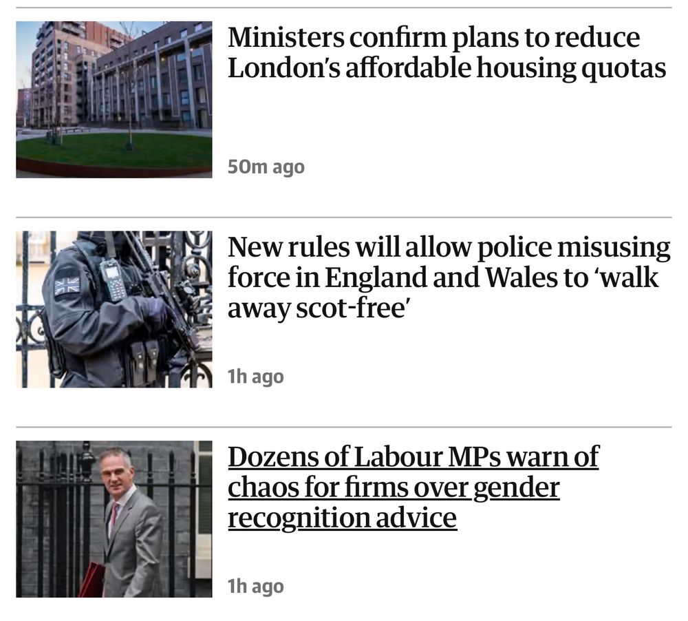 Ministers confirm plans to reduce London's affordable housing quotas
50m ago
New rules will allow police misusing force in England and Wales to 'walk away scot-free'
1h ago
Dozens of Labour MPs warn of chaos for firms over gender recognition advice