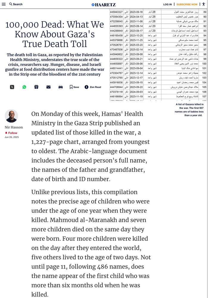 On Monday of this week, Hamas' Health Ministry in the Gaza Strip published an updated list of those killed in the war, a 1,227-page chart, arranged from youngest to oldest. The Arabic-language document includes the deceased person's full name, the names of the father and grandfather, date of birth and ID number.
Unlike previous lists, this compilation notes the precise age of children who were under the age of one year when they were killed. Mahmoud al-Maranakh and seven more children died on the same day they were born. Four more children were killed on the day after they entered the world, five others lived to the age of two days. Not until page 11, following 486 names, does the name appear of the first child who was more than six months old when he was killed.