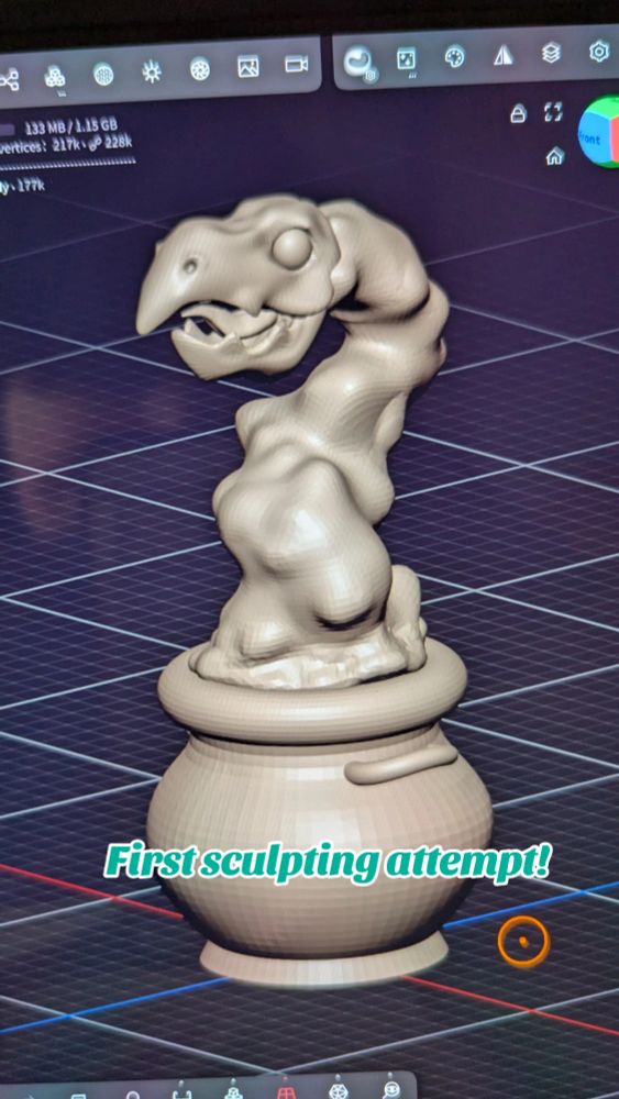 A digital sculpture of a large piece of pottery with the ghost and skull of a bird emerging from it opening. 