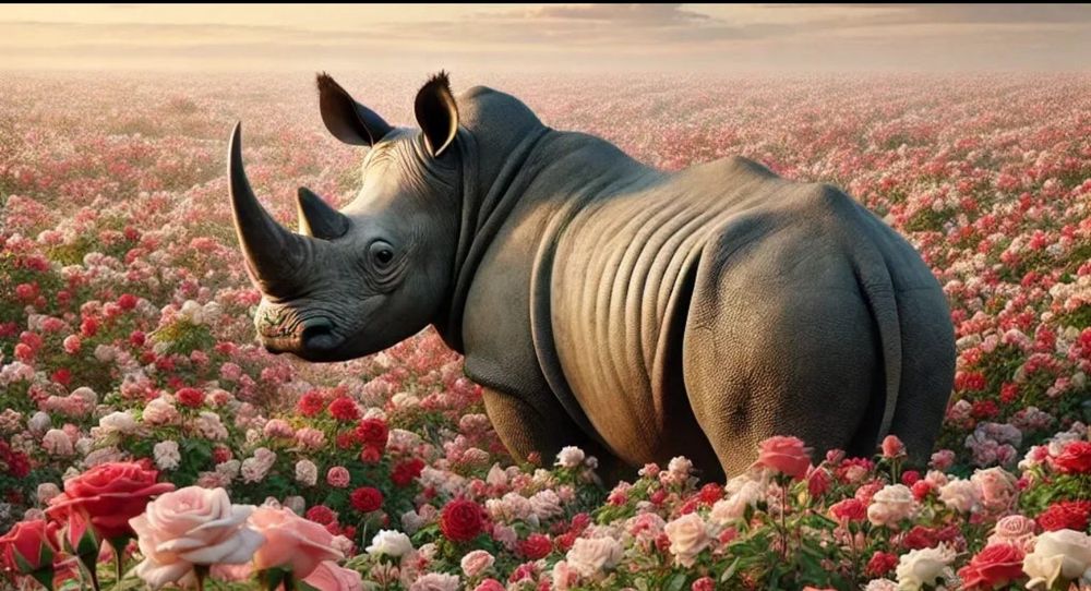 Rhino in a field of roses