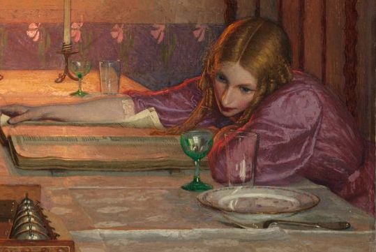 Detail of Frederick Cayley Robinson’s painting “The Close of the Day” (1896) showing a slumped over young woman in a purple dress who stares through an empty wine glass looking lethargic. Girl, same.