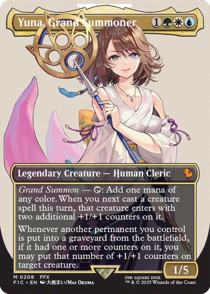Yuna, Grand Summoner: a legendary creature card from Magic: the Gathering and Final Fantasy 10, depicting a young woman in white with brown hair, one green eye and one blue, smiling serenely and holding an ornamental gold staff