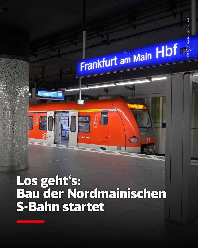 Eine S-Bahn im Frankfurter Hauptbahnhof. Text auf Bild: "Los geht's: Bau der Nordmainischen S-Bahn startet"
