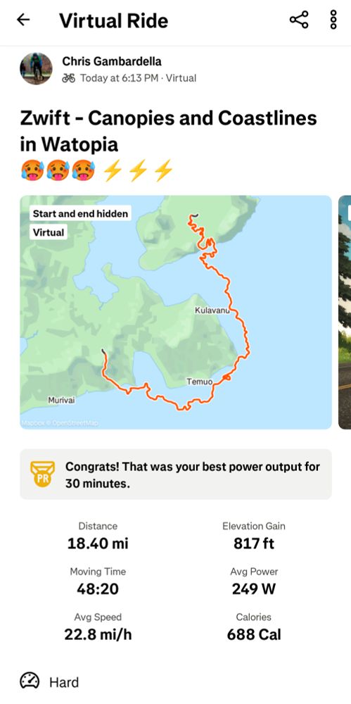 Zwift workout from earlier this evening, showing a 249w average, which is a little dumb. 