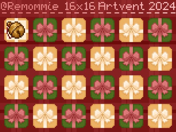 A red pixel art calender, with alternating gold and green presents, the first present has a golden pixel art bell. Text at the top reads: @Remommie 16x16 Artvent 2024
