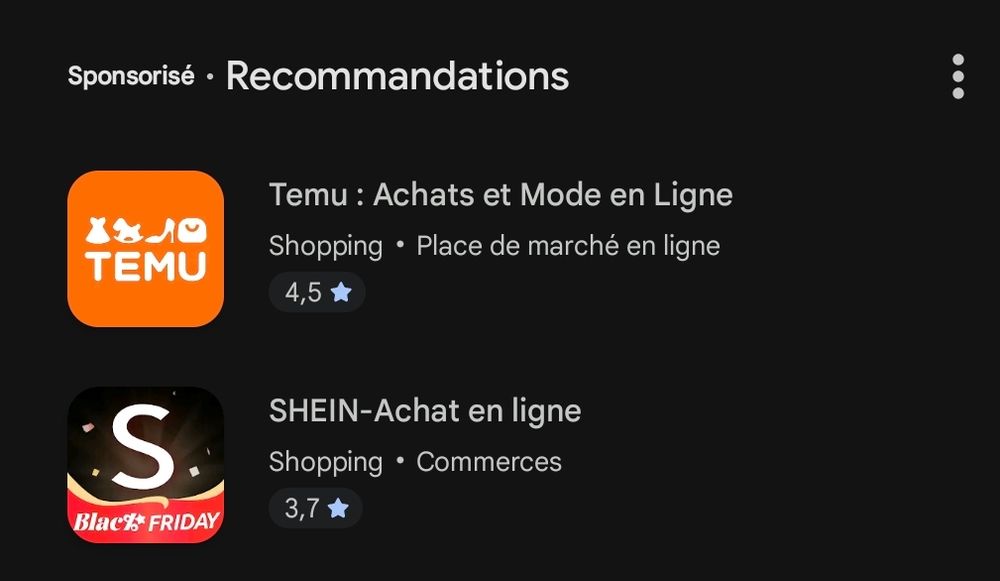 Playstore recommandations 
Temu
Shein