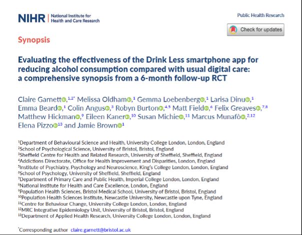 Screenshot of the first page of a NIHR synopsis report titled "Evaluating the effectiveness of the Drink Less smartphone app for reducing alcohol consumption compared with usual digital care: a comprehensive synopsis from a 6-month follow-up RCT"