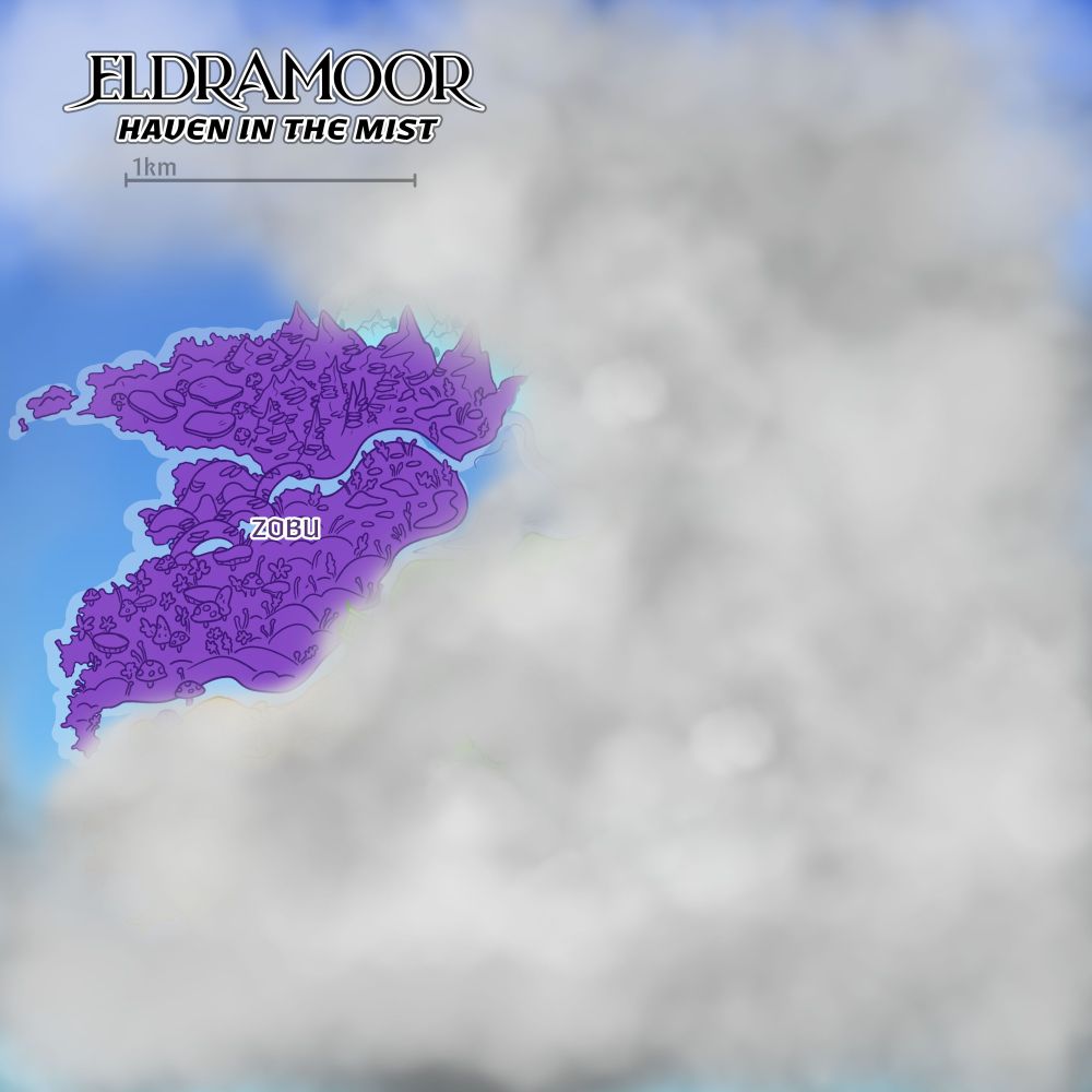 A picture of a map - most of the map is concealed by mist. The Western most edge is revealed, displaying a purple section of the Island with a rocky coastline and mountains in the northern section. ZOBU is written in white font over the middle of this area. The coastline is jagged, two main areas are connected by a smaller landmass in the middle with two land bridges in the South and one in the North. Large mushrooms dot the area representing forests.