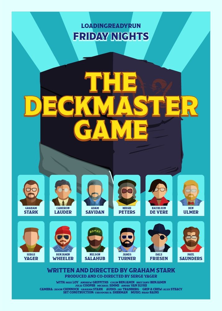 Fake poster for LoadingReadyRun's Friday Nights episode "The Deckmaster Game"
A beat up deckbox stands in the background, and small minimalist portraits of the lrr actors stand at the bottom as if coming out of little envelopes