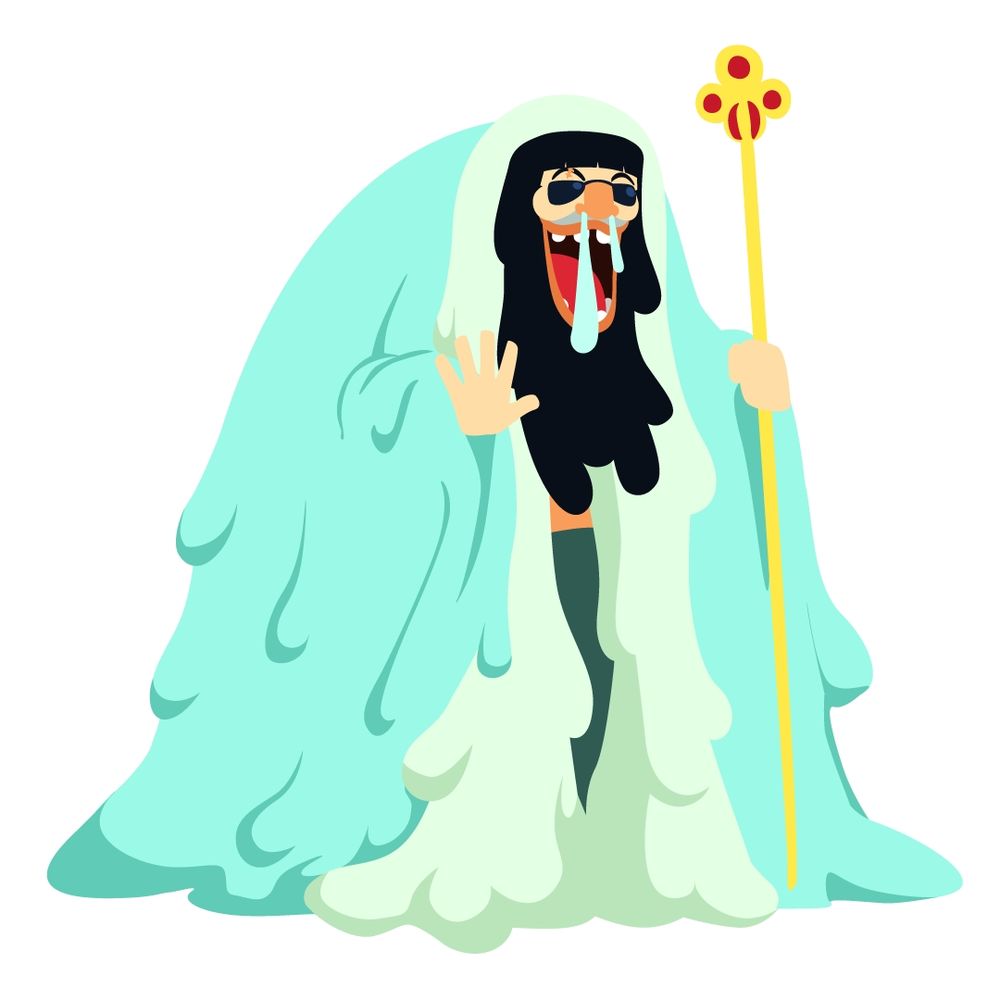 Trebol from One Piece. Hunched back man with a thick black beard and a slimy blue coat, carrying a staff