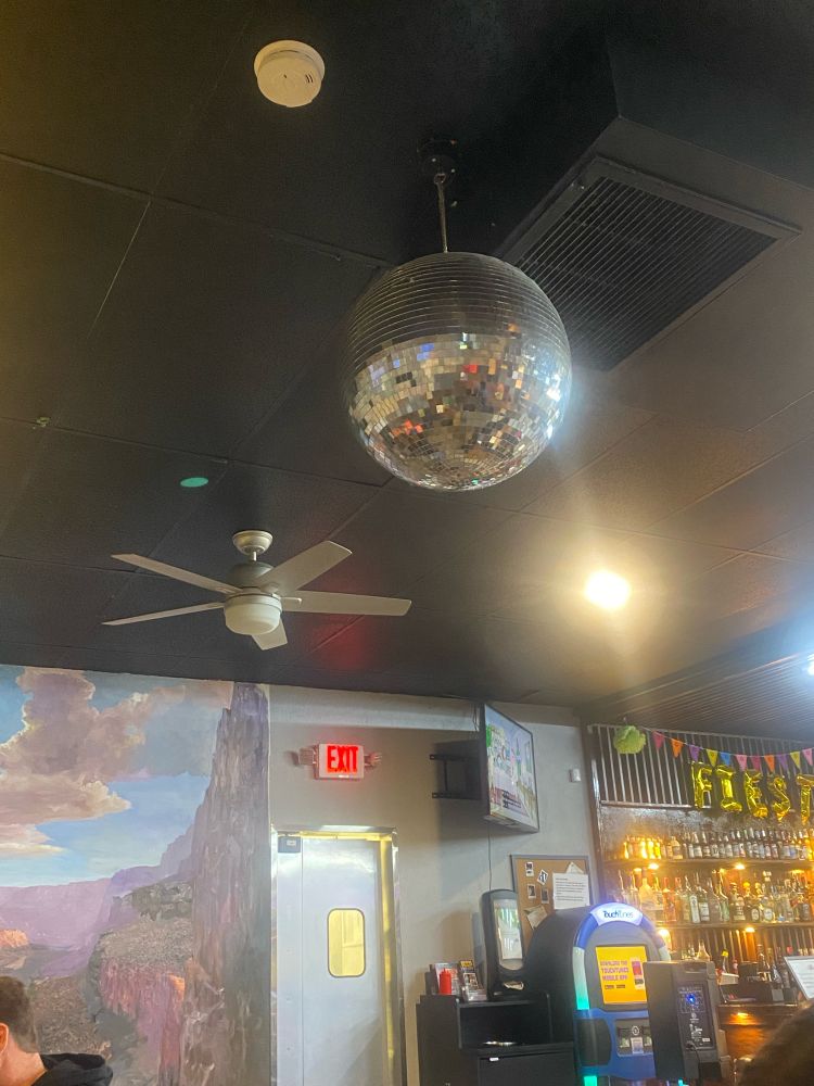 Disco ball hangs in family friendly Grand Canyon themed restaurant 