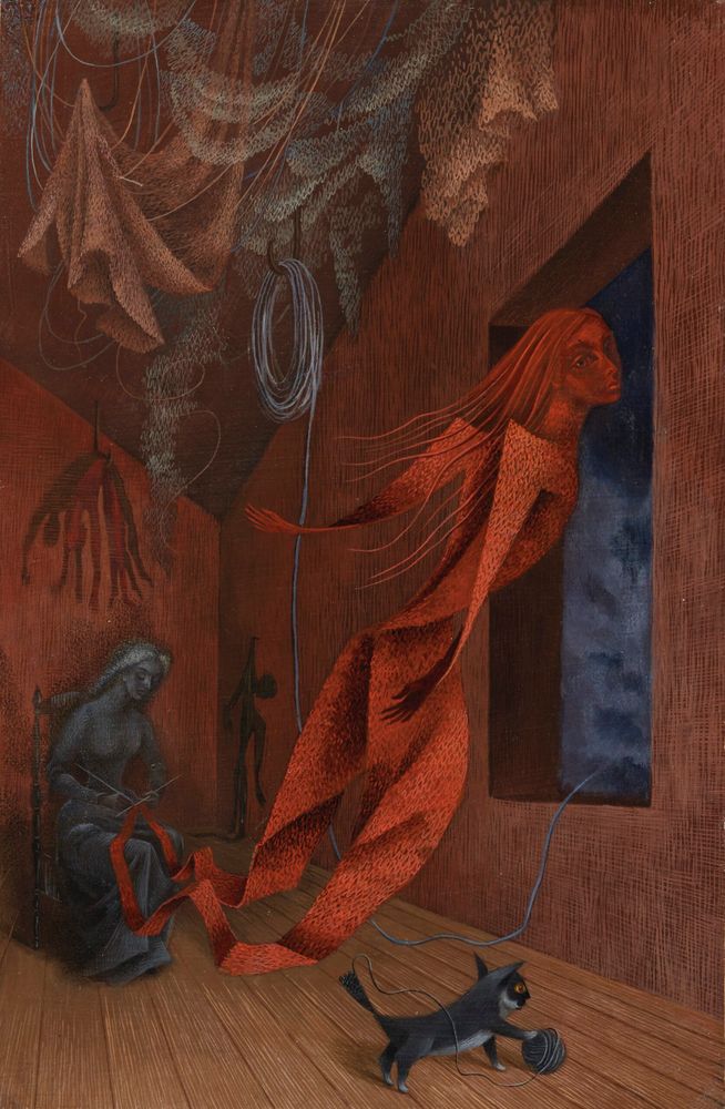  The Red Knitter (Red Woman) (The Knitter) / La Tejedora Roja (Mujer Roja) (La Tejedora) (1956) by Remedios Varo (1908 - 1963)
