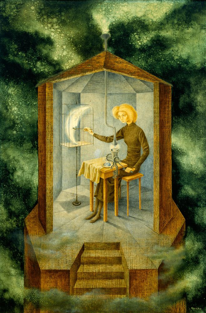  Celestial Pabulum / Papilla Estelar (1958) by Remedios Varo (1908 - 1963) a dream like painting of a white person in a round enclosure with steps leading upwards. They spoon feed a small, caged crescent moon. With a crank they create stardust with a device similar to a meat mincer.