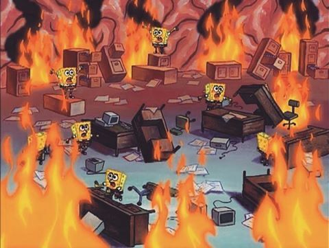 spongebob scene inside spongebobs head where everything is on fire and all the smaller spongebobs are running around panicked 