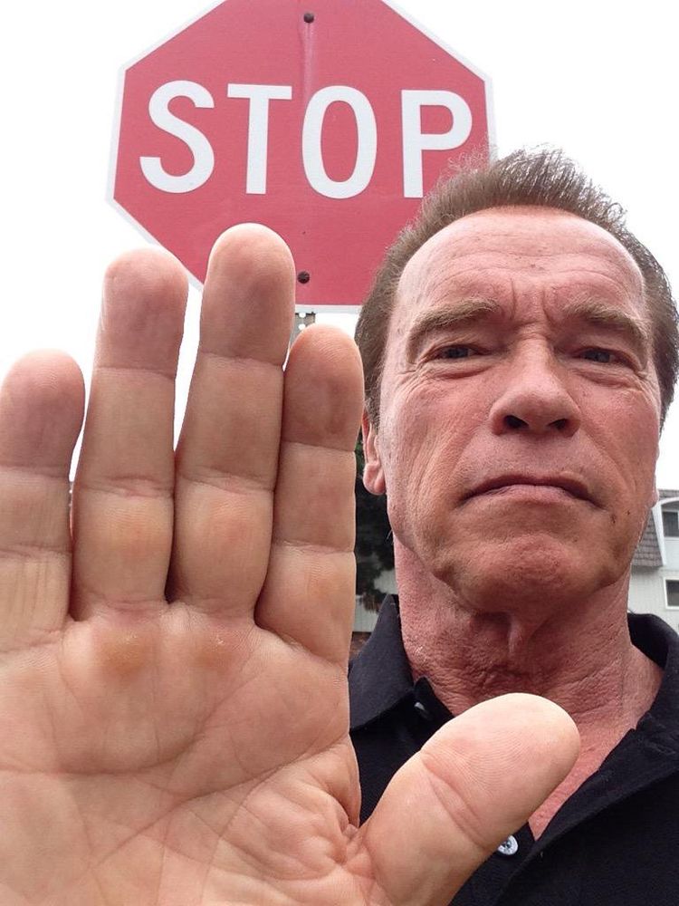 arnold schwarzenegger holding up his hand to signify “stop” in front of a stop sign 