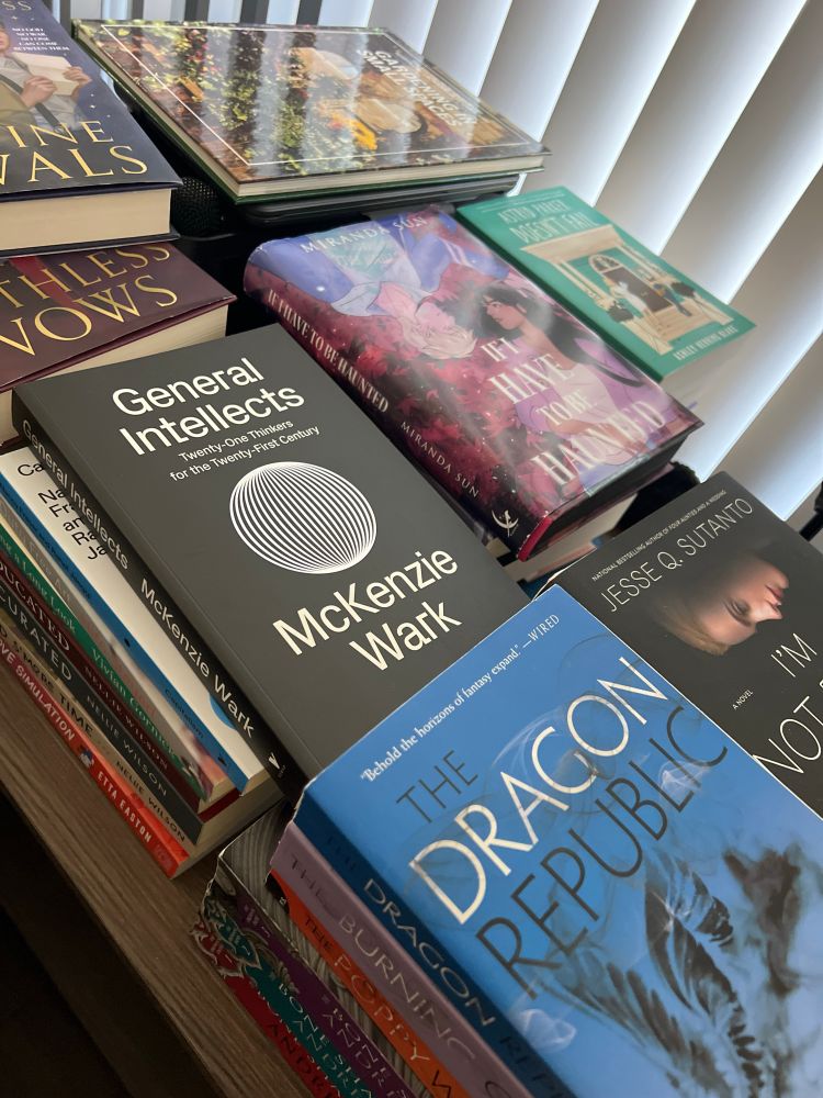 Stacks of books that Brittany is selling on Pango Books, including the Poppy War trilogy, Divine Rivals & books from Verso & Haymarket publishing houses