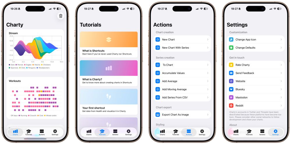 Screenshots of Charty 2.0 showing the app current design working on iOS 26 beta 1