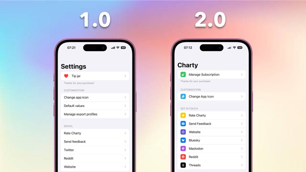 Before and after shot showing Charty’s settings view evolution