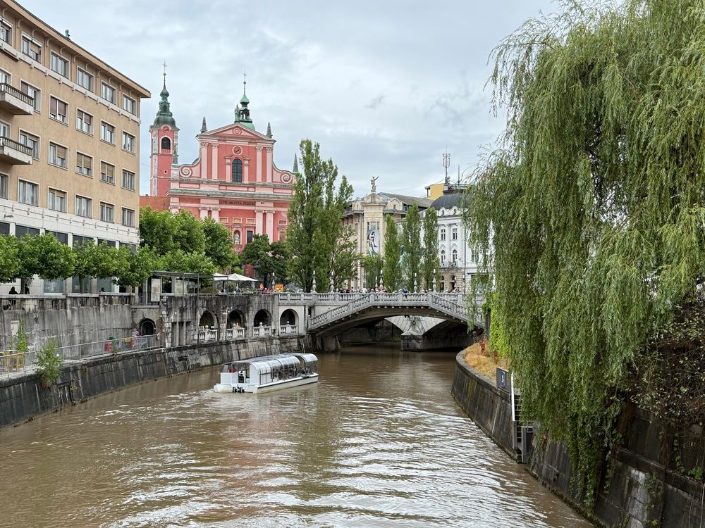 One of the three bridges over the river Ljubljanica in the old town of Ljubljana