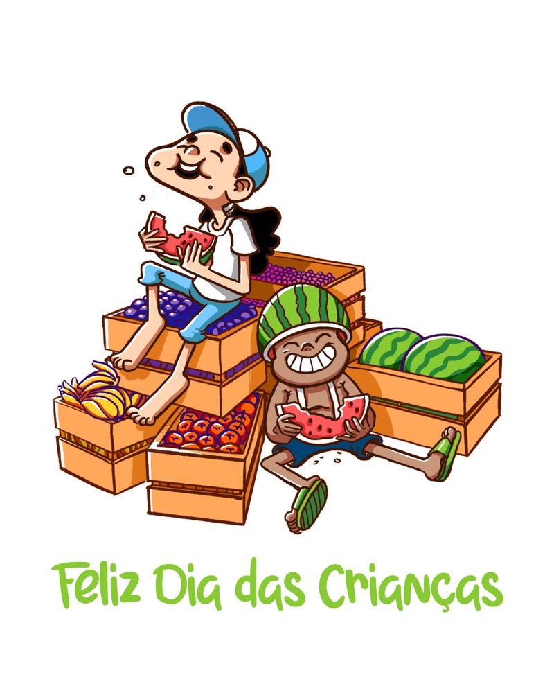 Duas crianças se divertem comendo melancia sentadas sobre e ao lado de caixas de frutas coloridas. Uma delas usa boné azul e camiseta branca, sorrindo com os olhos fechados; a outra usa uma metade de melancia como capacete e ri com um pedaço da fruta nas mãos. Embaixo, a frase “Feliz Dia das Crianças”