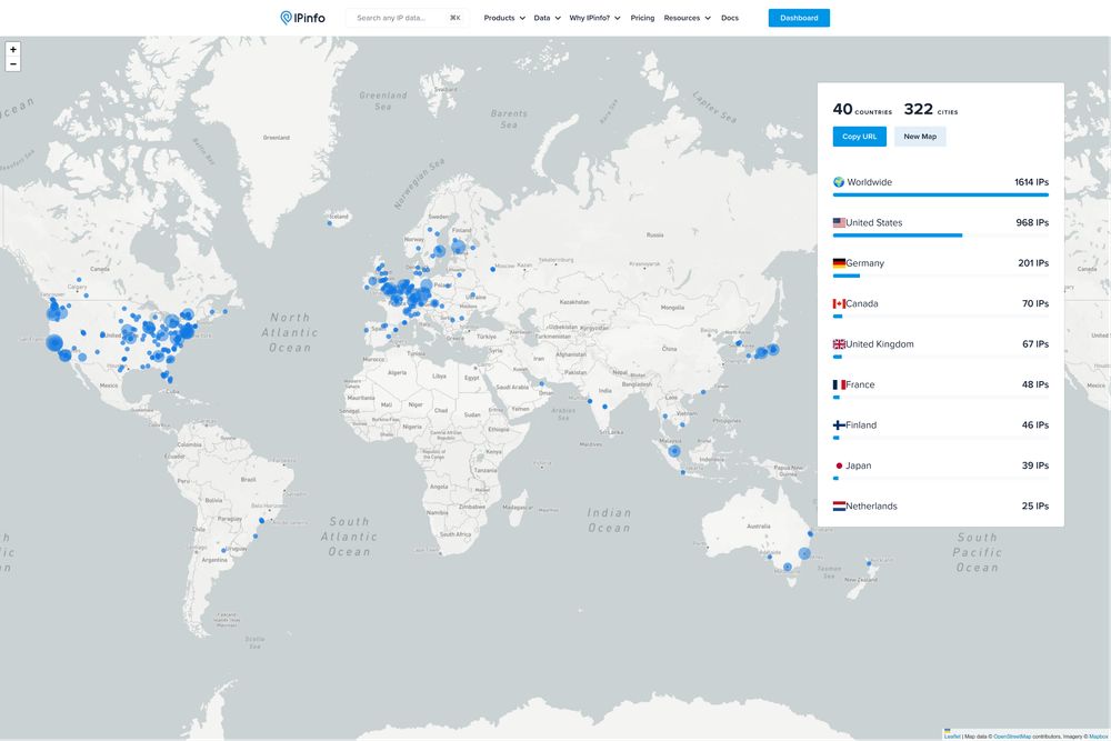 A world map showing the physical locations of ATProto PDSes. They are concentrated mostly on the US coasts and in Europe, with a few showing in Asia, Oceana, and South America