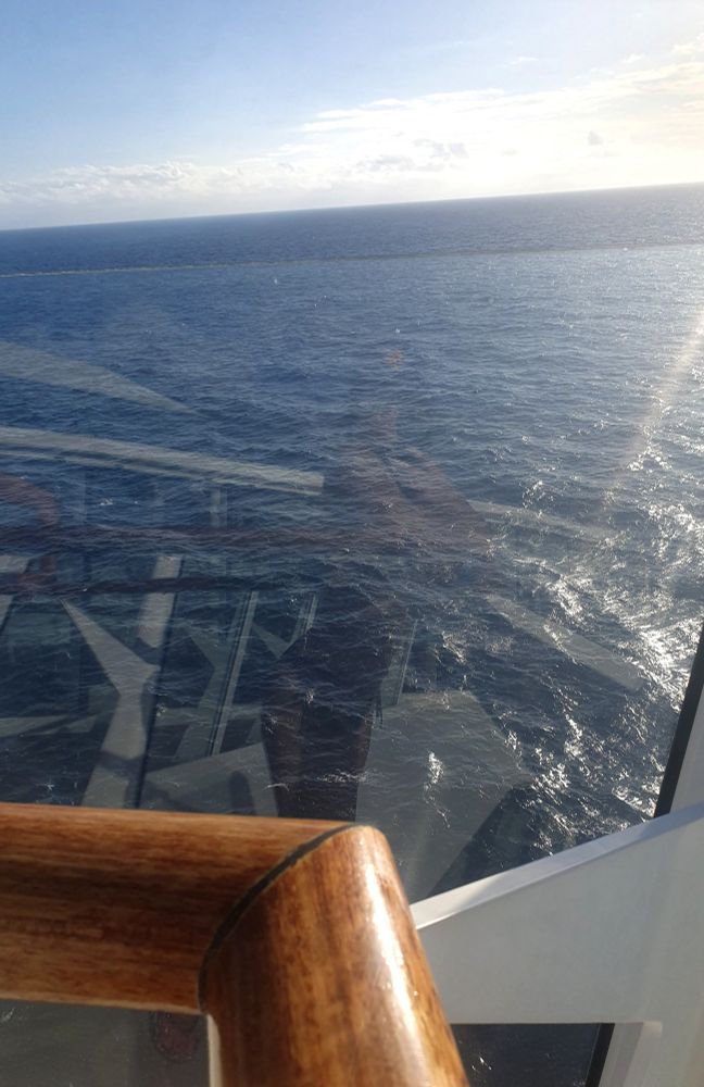 A view of the ocean from a ship. My silhouette in the reflection