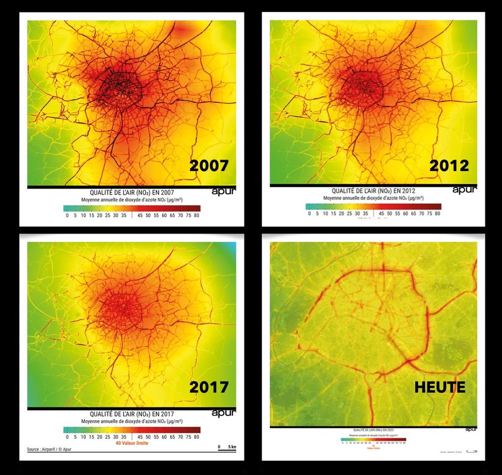 4 Karten von Paris von oben, die die zunehmende Verbesserung der Luftqualität seit 2007, 2012, 2017 bis heute zeigen.