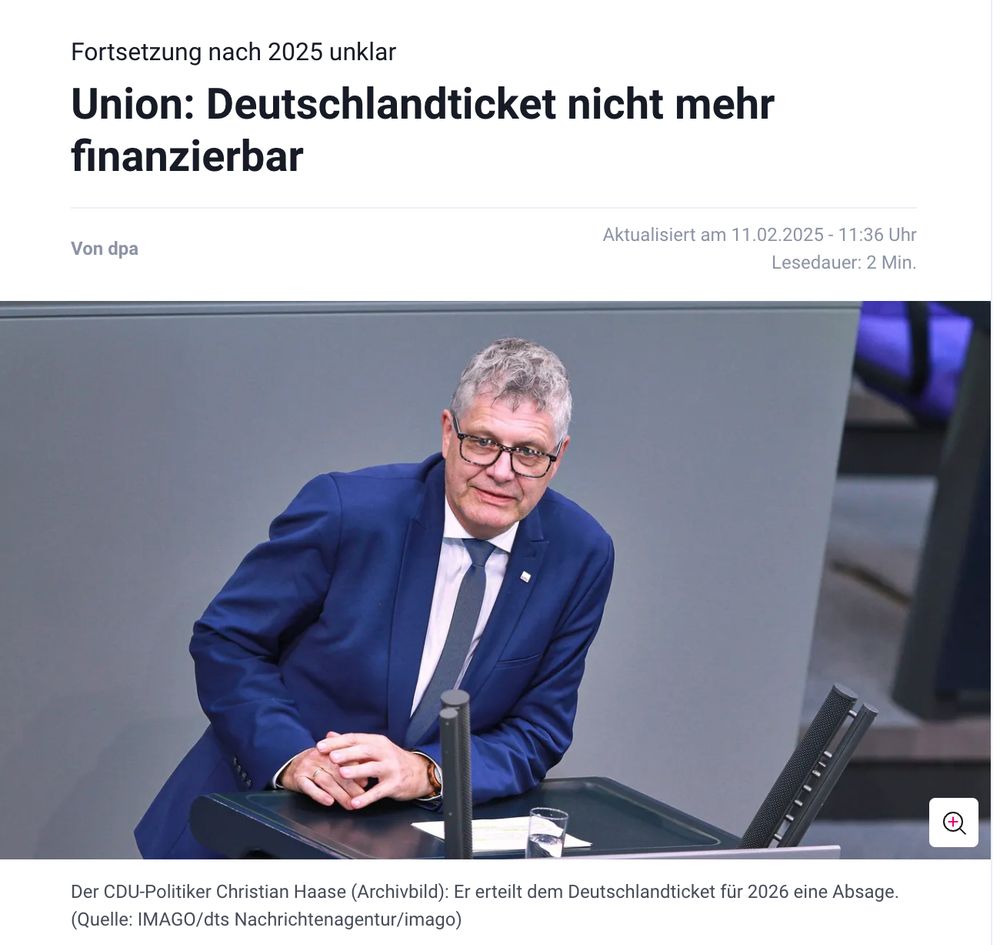 Artikel mit der Überschrift: Union: Deutschlandticket nicht mehr finanzierbar