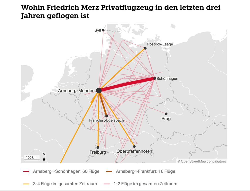 Karte, die zeigt, wohin Friedrich Merz die letzten Jahre mit seinem Flugzeug überall hingeflogen ist. 