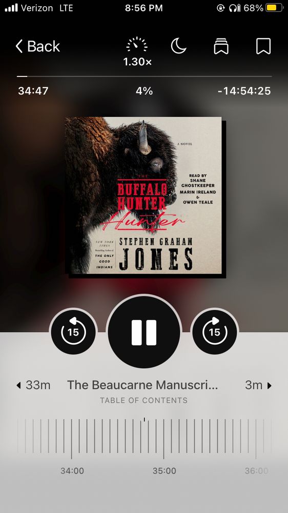 Screenshot of the Libby app showing an in-progress audiobook of Stephen Graham Jones’s book The Buffalo Hunter Hunter