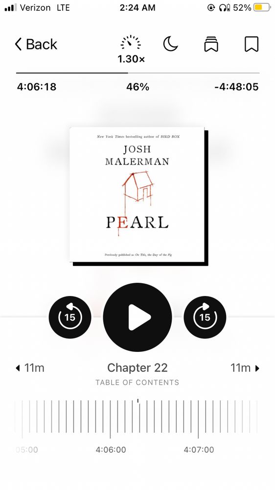 Screenshot of the Libby app showing an in-progress audiobook of Josh Malerman’s book Pearl